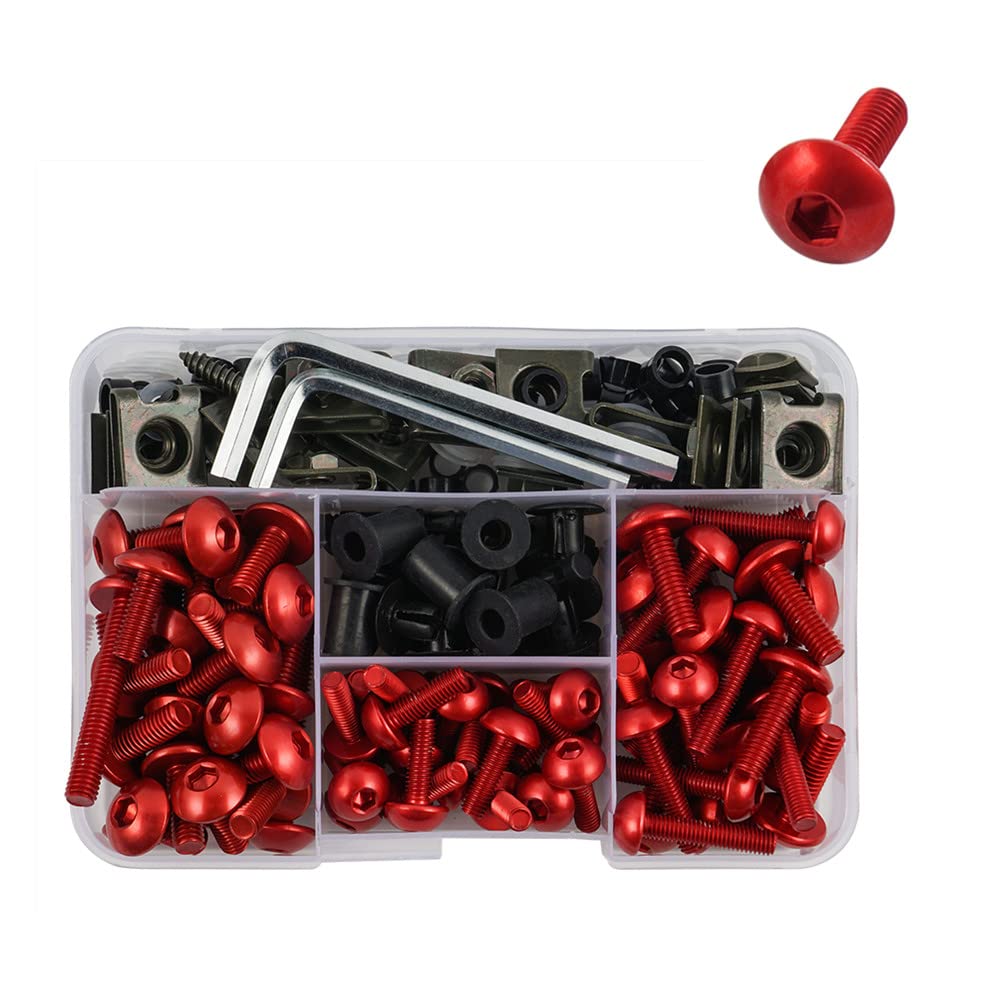 NICECNC190PCS Aluminum Fairing Bolt Kit Body Screws Compatible with Honda CB1000R CB1100 CB300F 2013 CB500F 2015,Yamaha,Kawasaki and Suzuki,Aprilia MV Agusta Triumph,most of sportbikes,Red