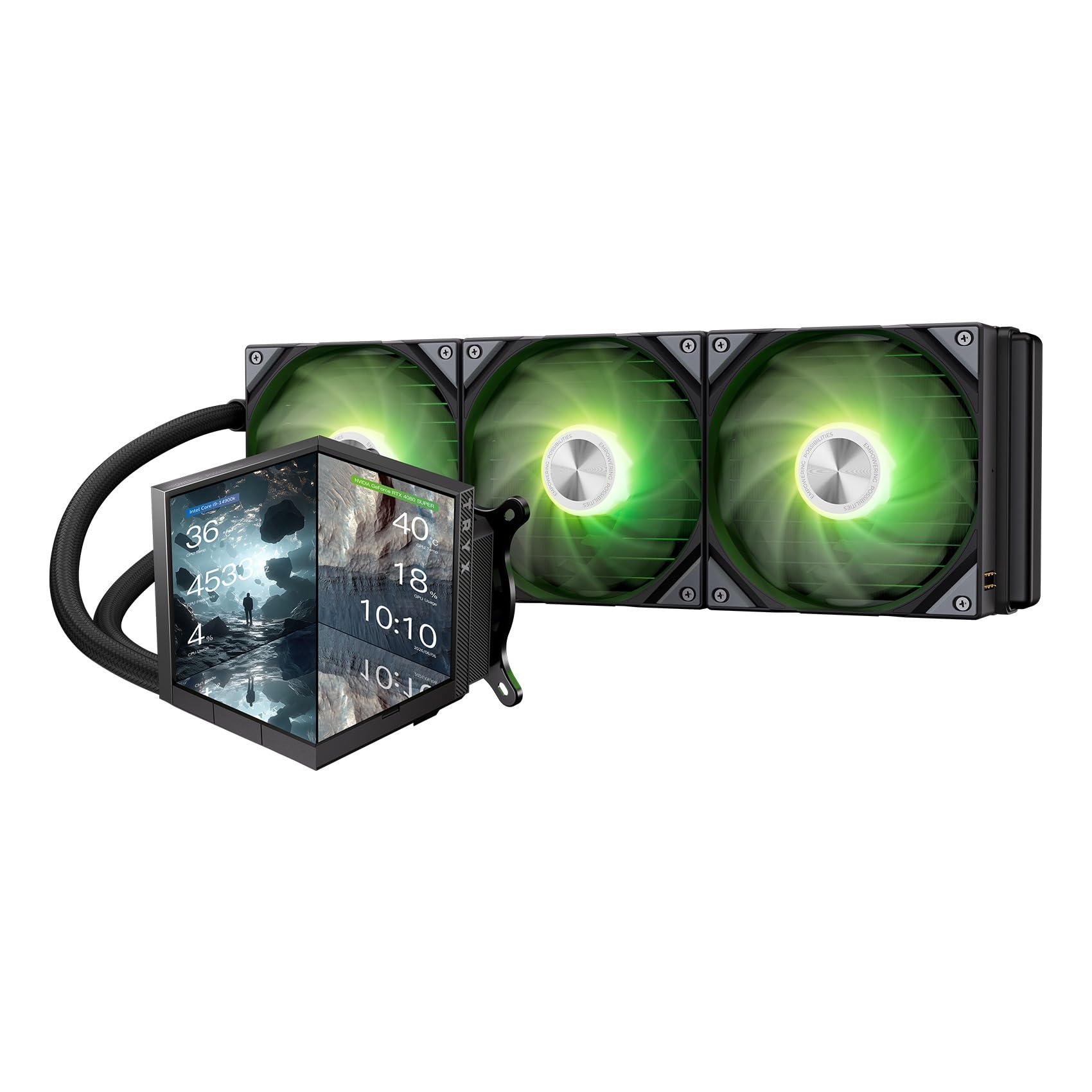 TRYX STAGE 360 ARGB 360mm AIO 4.0'' IPS Dual-Screen Customizable AIO Cooler 360mm LCD Display 254PPI 60Hz with Asetek 7th Gen V2 280w TDP ROTA SL ARGB