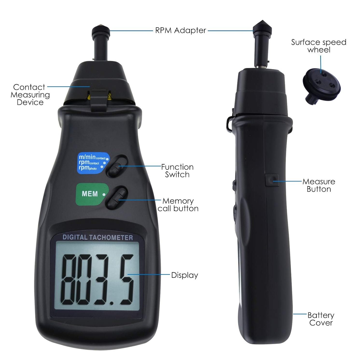 2in1 Digital Handheld Laser Photo Tachometer Speed Tester Non-Contact & Contact RPM Gauge Range 2.5~99,999 RPM with 3pcs Reflective Tape