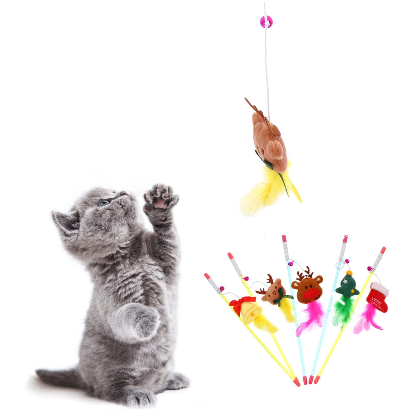 Happyyami 15pezzi Giocattolo Interattivo per Gatti con Piume e Campanelli di Stick per Gatti per Gioco e La Curiosità Durante Natale
