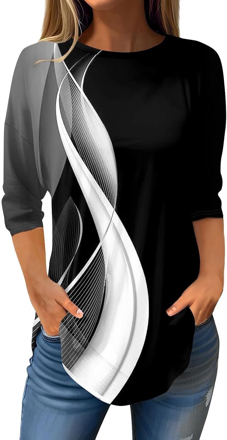 Women’s 3/4 Sleeve Tops 2025 Vintage Print Casual Boho with Henley Collar Tunic Blouses Three Quarter Sleeve Fashion