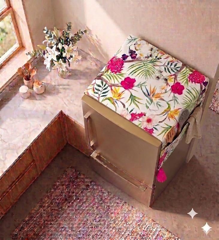 Image of WWW.THROWPILLOW.IN Fridge Top Cover for Double Door 250-400L | Medium Size Dustproof Refrigerator Cover | Corner Tassels with Pockets | Floral Print | Double Door Fridge Cover Mat