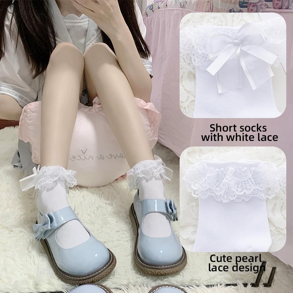 Lolita Shoes Women's Retro Lace Ruffle Ankle Socks - Frilly Princess School Socks (Multi-Colored) Ruffle Socks - Foto 10