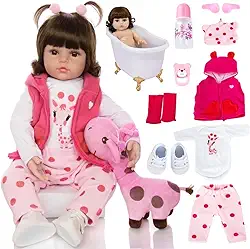 Boneca Bebê Reborn Menina Realista de Silicone com Girafinha Rosa e Roupas de Luxo 48 cm Pode Tomar Banho