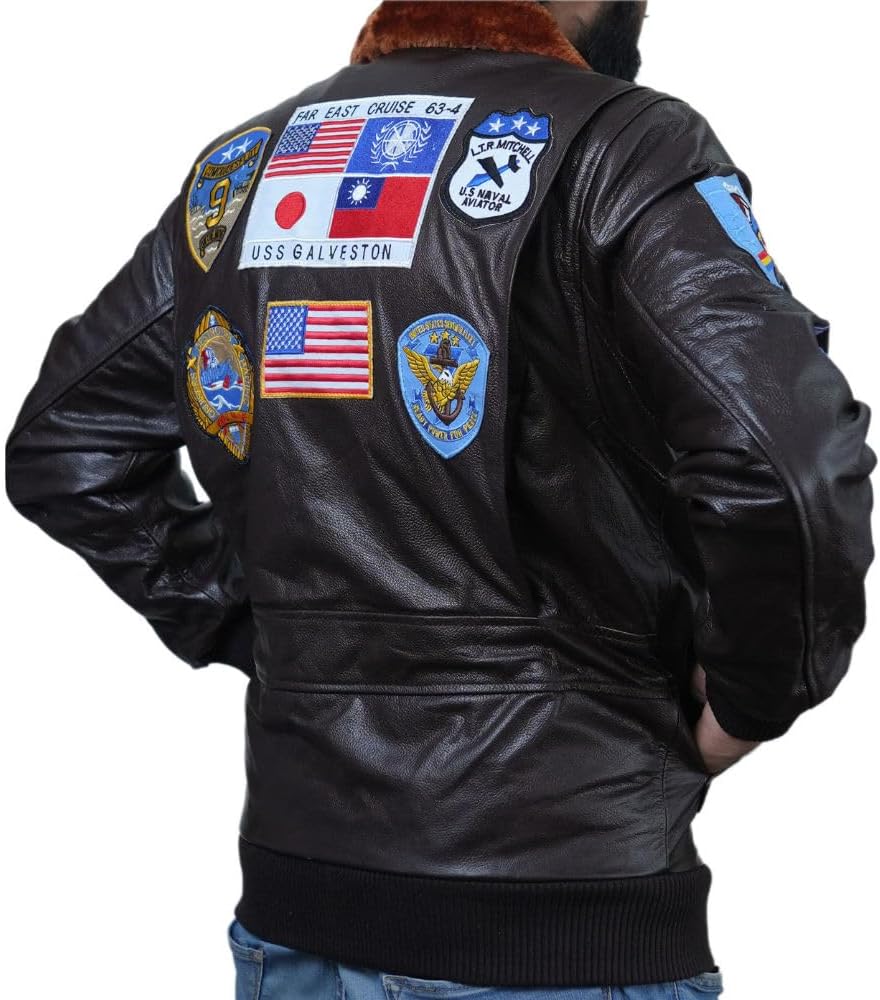 Mens Real Leather Fur Collar Flight Jacket Tom Air Force Aviator Pilot Flying G1 Bomber USAAF Maverick Jacket