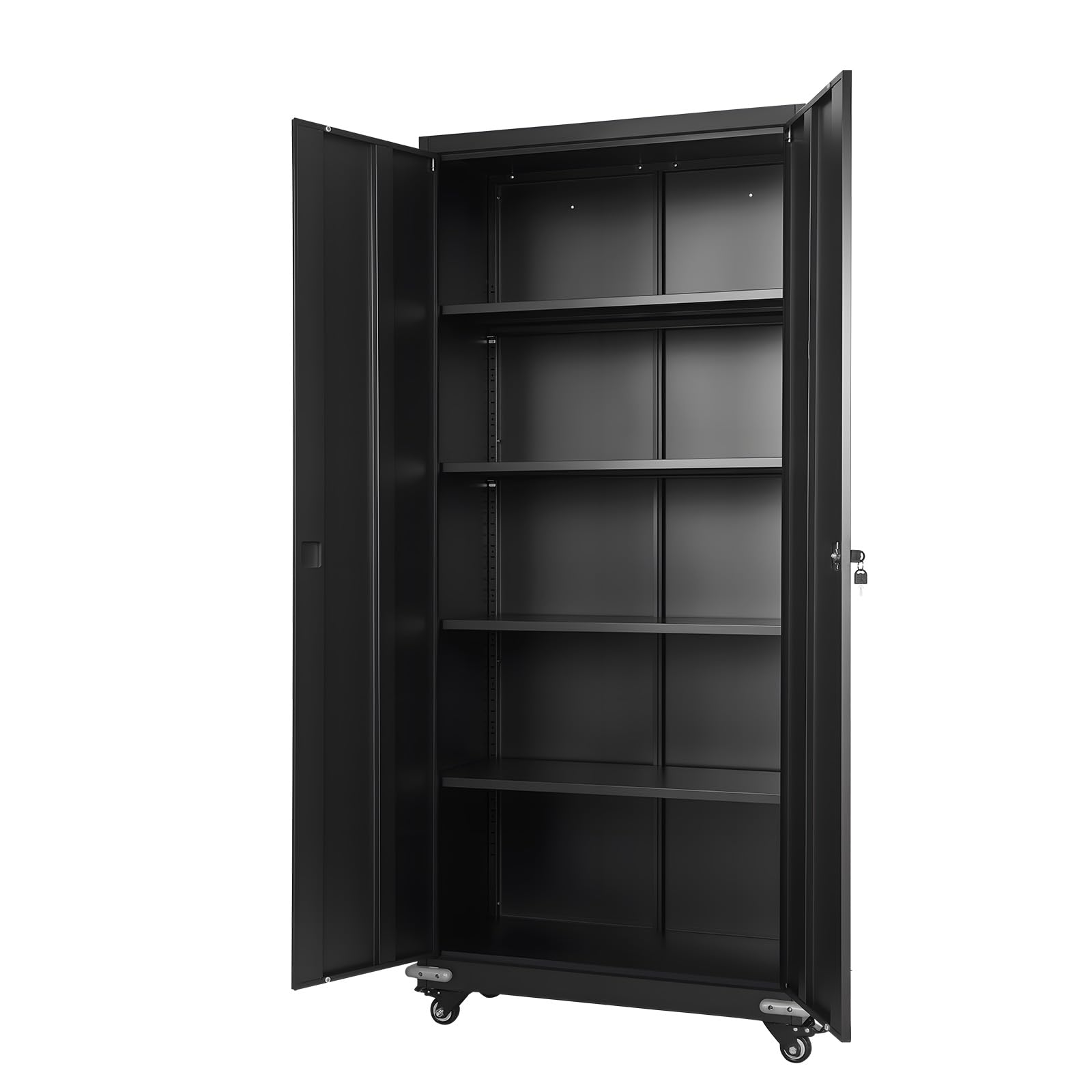 VEVOR Armoire Métallique 184,5 cm 5 Niveaux, Meuble de Rangement en Acier Verrouillable, pour Outils Atelier Bureau, sur roulettes, avec 4 Étagères Réglables, 2 Portes Magnétiques et 2 Clés, Noir