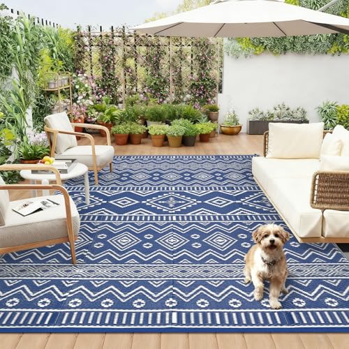 GarveeHome Waterproof Outdoor Rug 9x18, Modern Geometric Reversible Plastic Straw Patio Camping Rug, Outdoor RV Mat Carpet for Deck, Camper, Porch, Ba