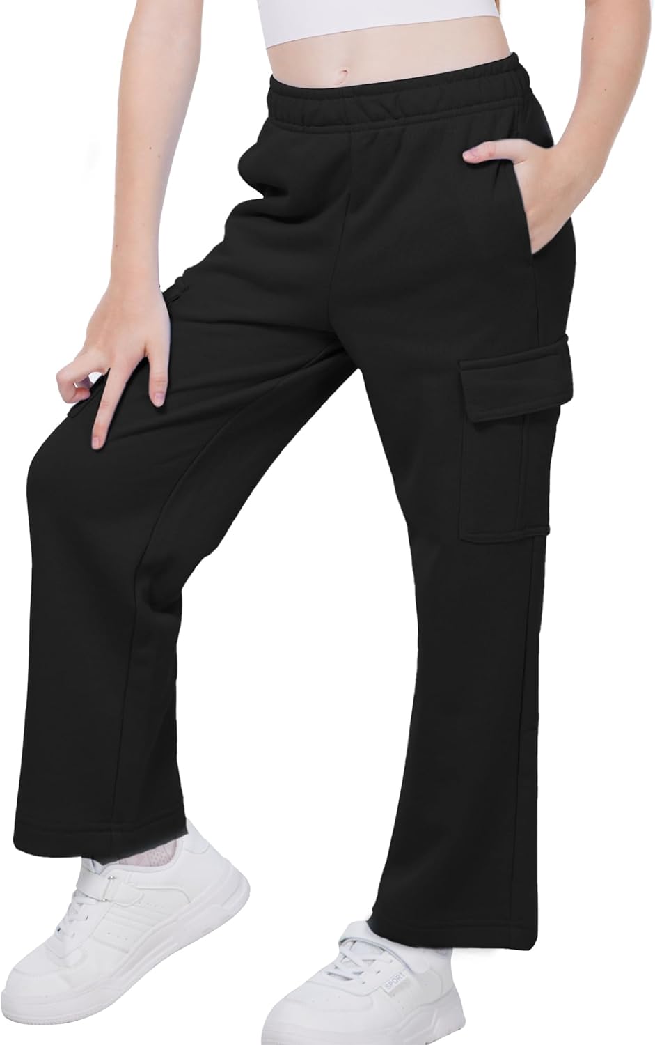 WULFUL Girl’s Cargo Sweatpants Wide Leg Fleece Lined Casual Pants for Girl Fall Winter Baggy High Waisted Pants with Pockets - Image 2