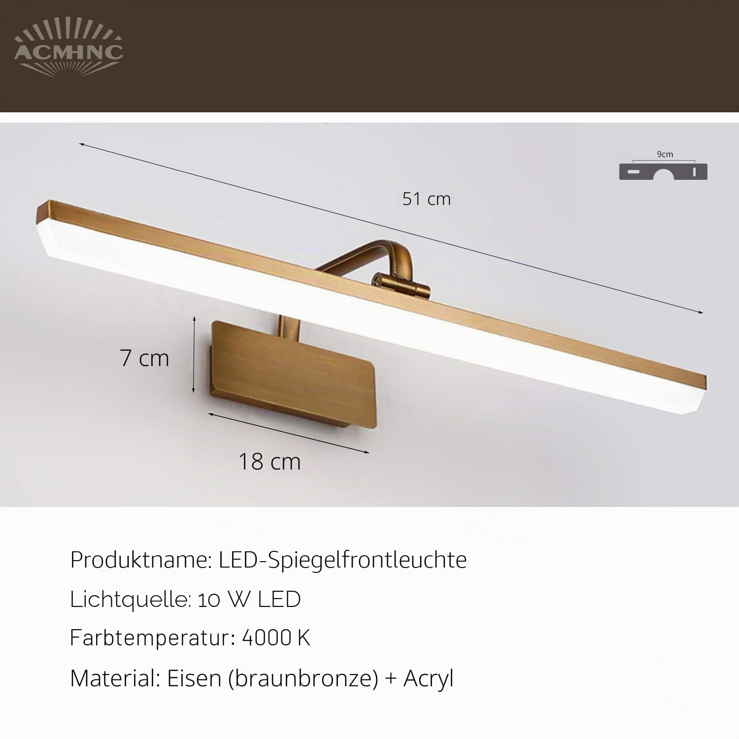 ACMHNC LED Retro Spiegelleuchte Badezimmer Mit Schalter, Braune Bronze Badlampe Vintage Spiegellampe Bad Mit Einstellbar Lampenschirm, Wandleuchte Innen IP44,4000K Schminklicht Schminktisch,51cm/10w