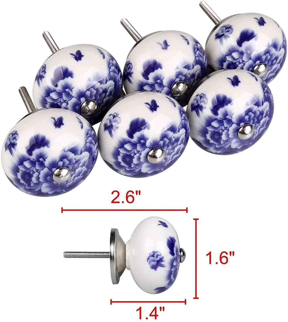 Ceramiczne klamki do drzwi 6 szt. Gałki do szuflad zielone 40 mm Gałki do drzwi Gałki do mebli Uchwyty meblowe Ceramiczne gałki do szafek - styl antyczny (Color : Blue and White)