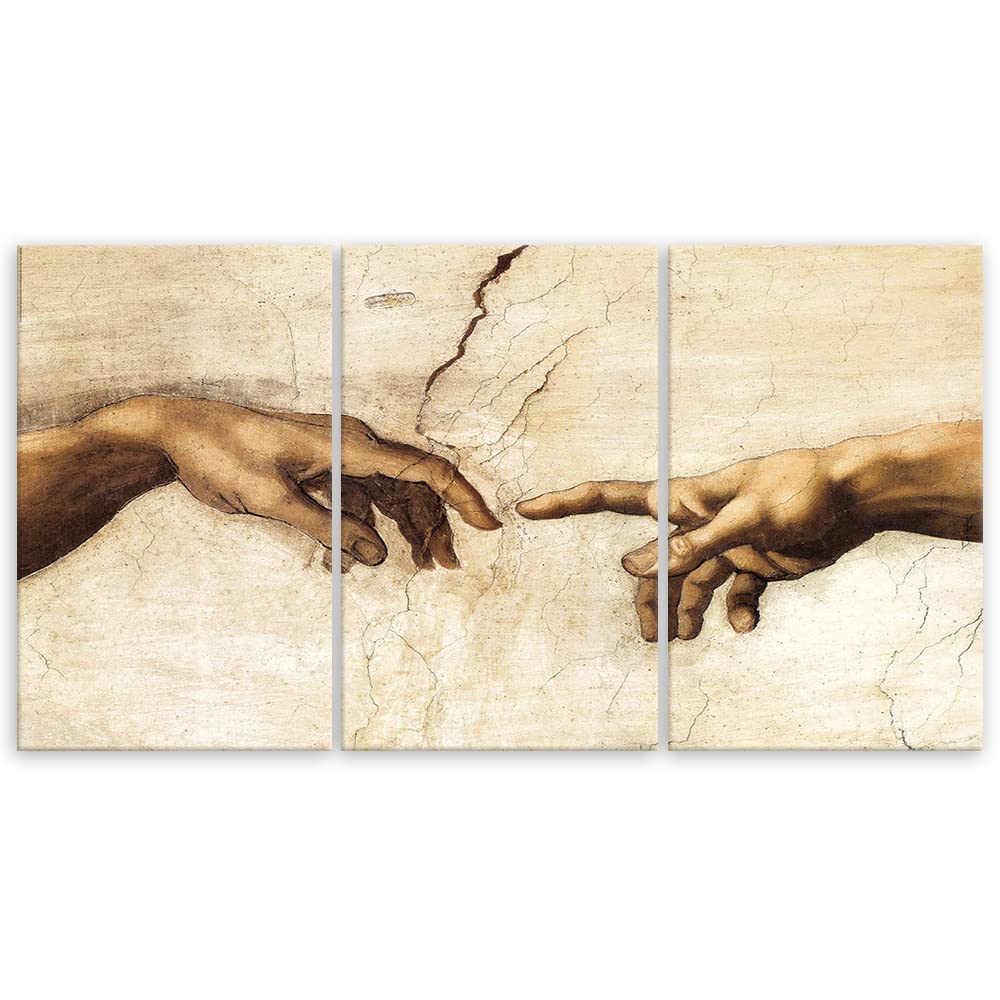 Feeby 3 partes Cuadros en Lienzo Manos Bóveda 120x60 cm Miguel Ángel Reproducción La Creación de Adán Arte Moderno Decoración De Pared Sala De Estar Capilla Sixtina Beige