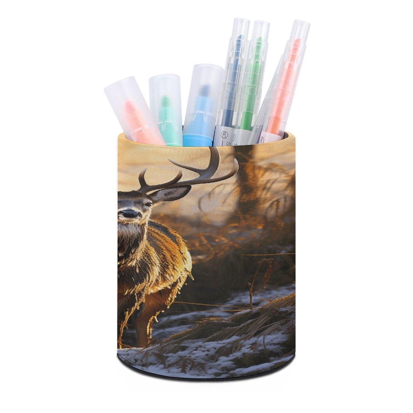 VstaDank Deers Picture Pen Holder PU Leather Pencil Cup Minimalist Desk Pencil Holder Round Make Up Brush Organizers For Office Dorm Room&Vanity Desk Accessories