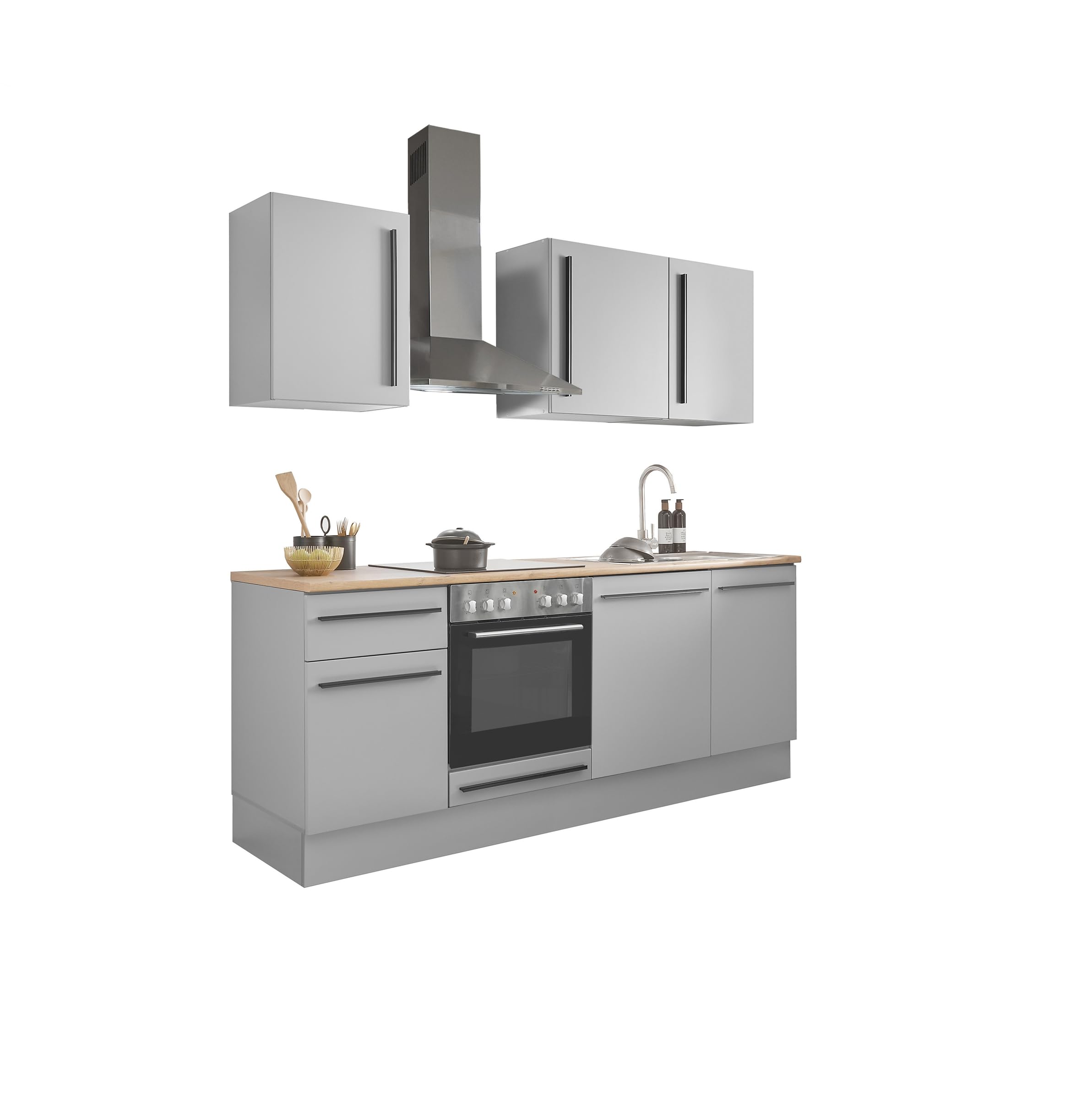 möbelando Küchenzeile Denver 220 cm – Moderne Kompaktküche mit Softclose, Arbeitsplatte Lancelot Eiche & Grau Matt Fronten – Ideal für kleine Wohnküchen