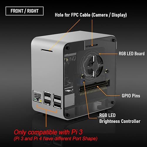 Miniatura 5 de ElectroCookie Funda Raspberry Pi 3, mini torre de aluminio con ventilador de refrigeración y luz ambiental que cambia de color (plata y gris oscuro)