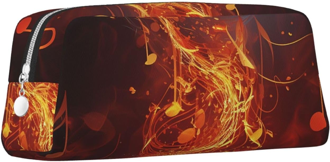 Leather Makeup Bag for Purse Travel Portable Small Pencil Bags for Women Men Red Flame Music Note Cosmetic Bag with Zipper Pencil Pouch Aesthetic Coin Pouch Adults Desk Organizer image 2