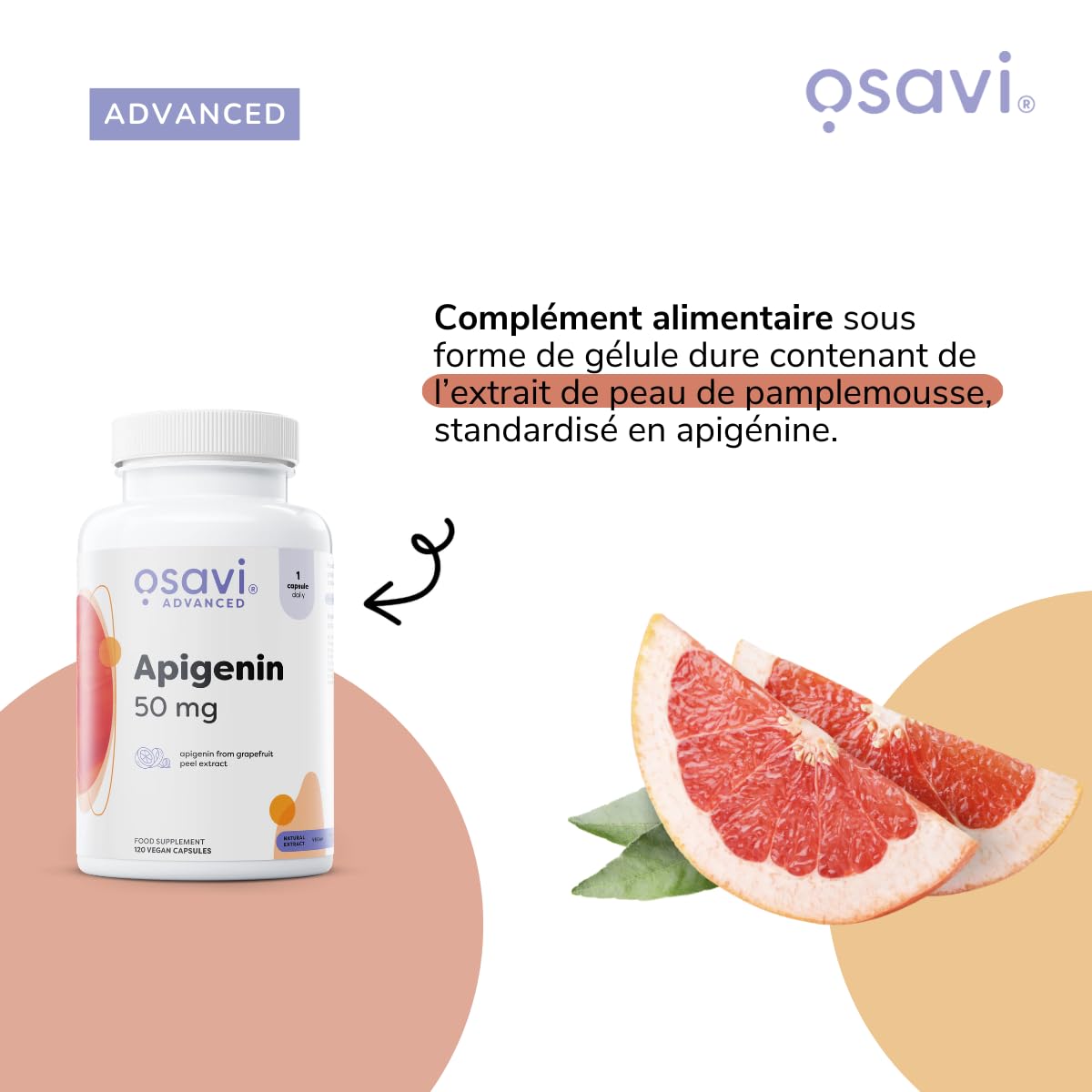 Osavi Apigénine 50 mg – 120 Gélules Véganes | Extrait d’écorce de pamplemousse standardisé (90% apigénine) | Bioflavonoïde d’origine végétale | Formule clean | Convient aux végans & keto