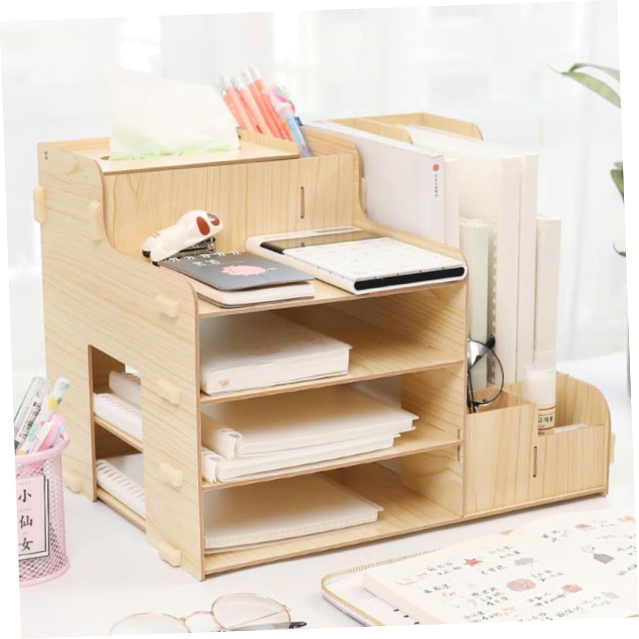 TEHAUX Organizador Escritorio Madera Multifuncional con Compartimentos Múltiples para Documentos y Artículos De Oficina Cajonera Compacta para Mesa Modelo Natural
