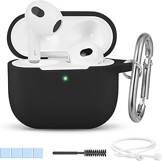 AirPods 3 etui silikonowe 2021, pokrowiec ochronny z hakiem na klucze, widoczna przednia dioda LED, obsługuje bezprzewodowe ładowanie, stabilny, miękki smukły skóra (czarny)