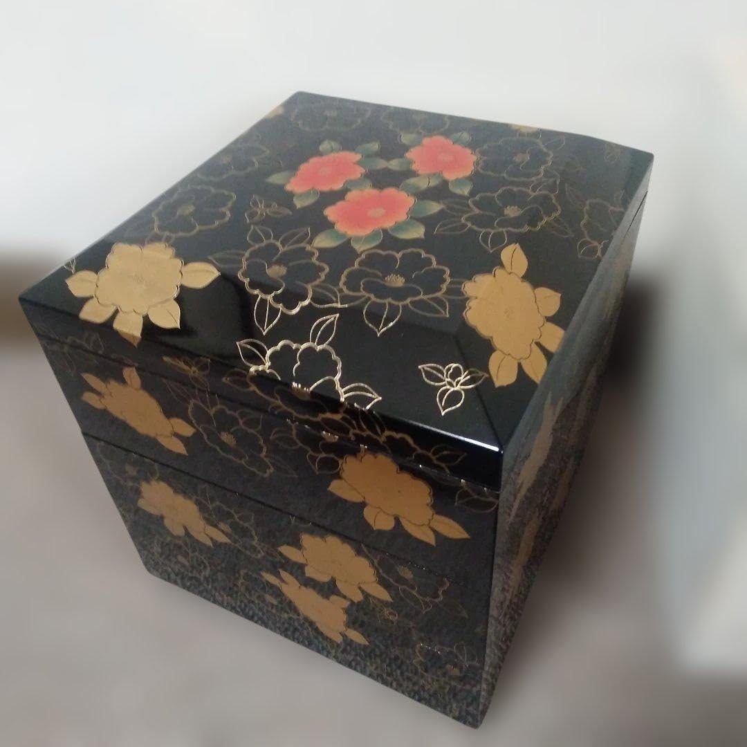 川中漆器藤崎 漆塗り重箱 3段 金箔花柄 約20cm x 20cm x 20cm