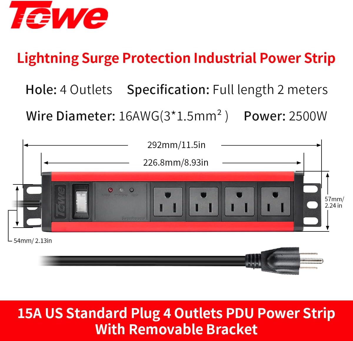 Heavy Duty Power Strip 4 Outlets Surge Protector 2500W Metal Socket with Wall Mount Bracket,6FT Extension Power Cord Industrial Shop Garage Multiple Outlets,UL Certified (Red, 4 outlets)