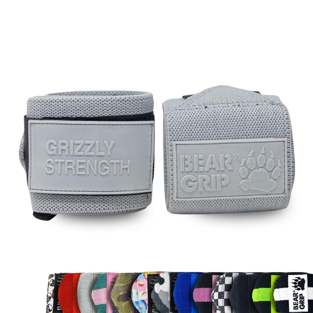 BEAR GRIP - Premium Heavy Duty Weight Lifting Wrist Wraps, Bodybuilding, Powerlifting, StrongMan (Grey/Grey, 18 Inches)