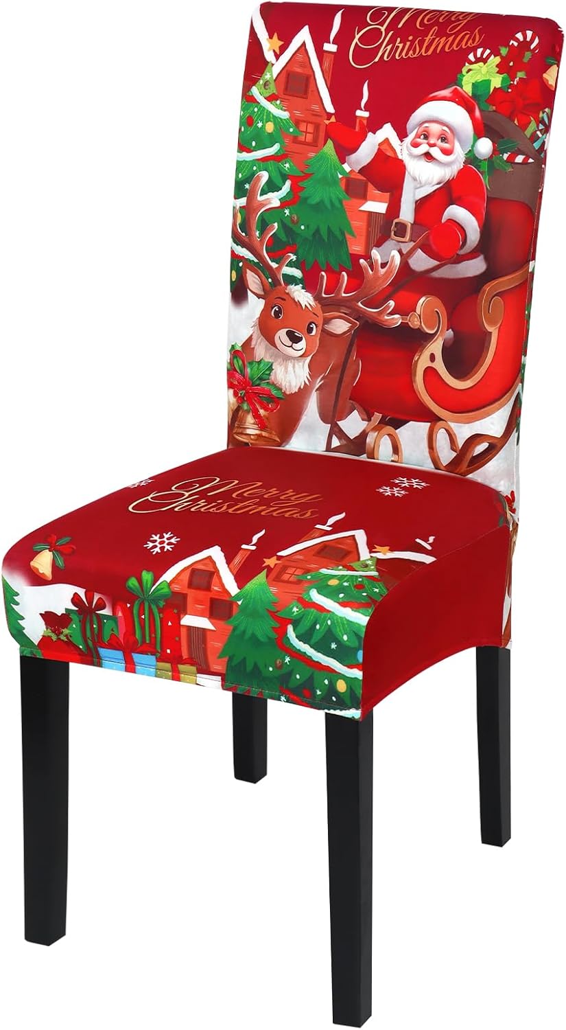 Weldomcor Christmas Chair Covers Set of 6 Stretch Dining Room Chair Protector Slipcovers Santa Claus Deer Red Kitchen Seat Covers Spandex Decorations for Xmas Holiday Party Banquet Home Decor