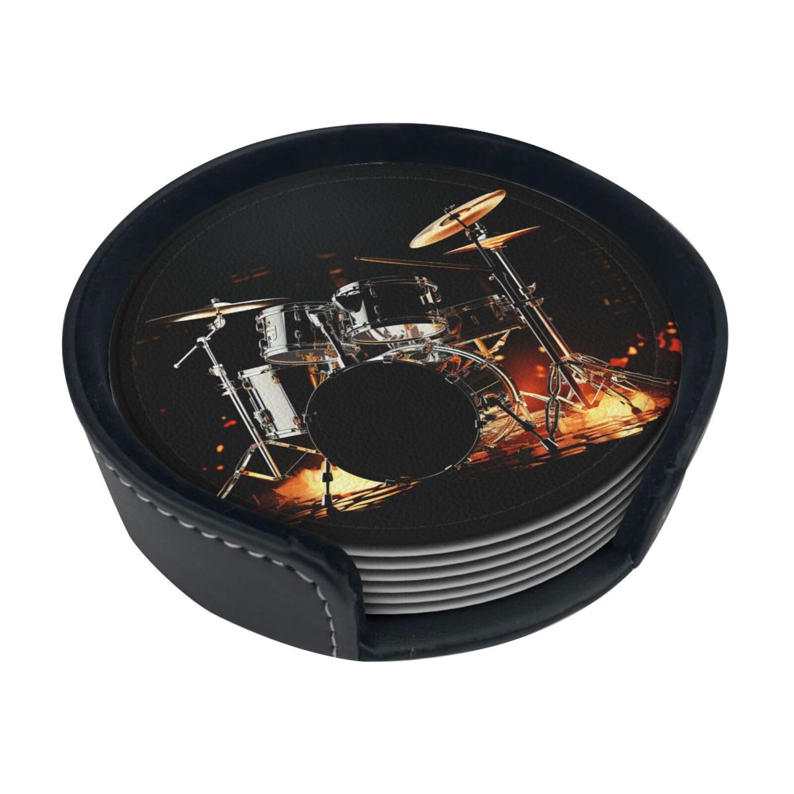 Fodpand White Drummer Drink Coasters Set Of 6 Leather Coasters With Holder Bar Beer Beverage Coaster For Drinks, Absorbent Cup Mat For Tabletop Protection, Housewarming Gift