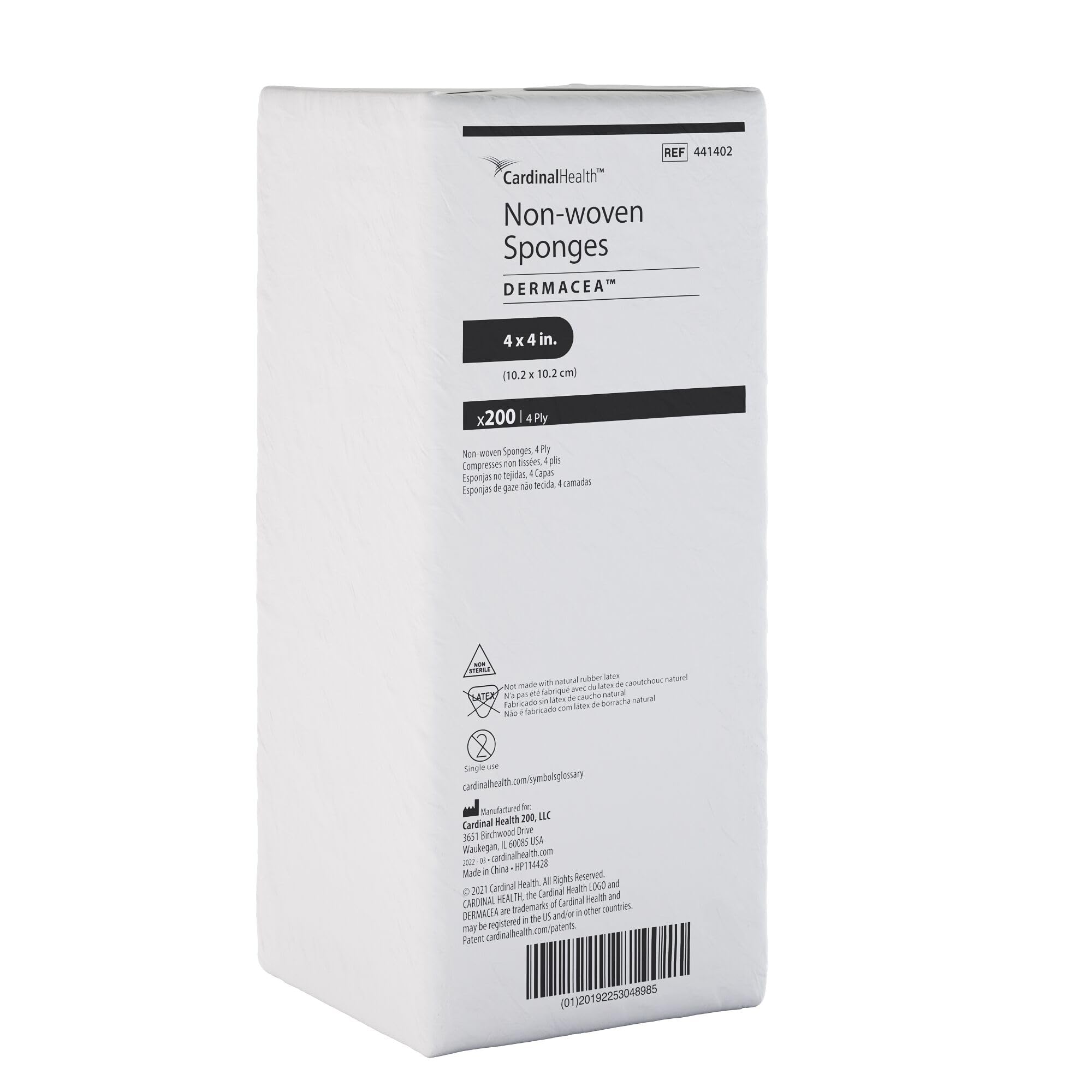 Cardinal Health™ Dermacea™ Spugna di garza multiuso in tessuto non tessuto, non sterile, 10,2 x 10,2 cm, 4 strati, 441402, confezione da 2000