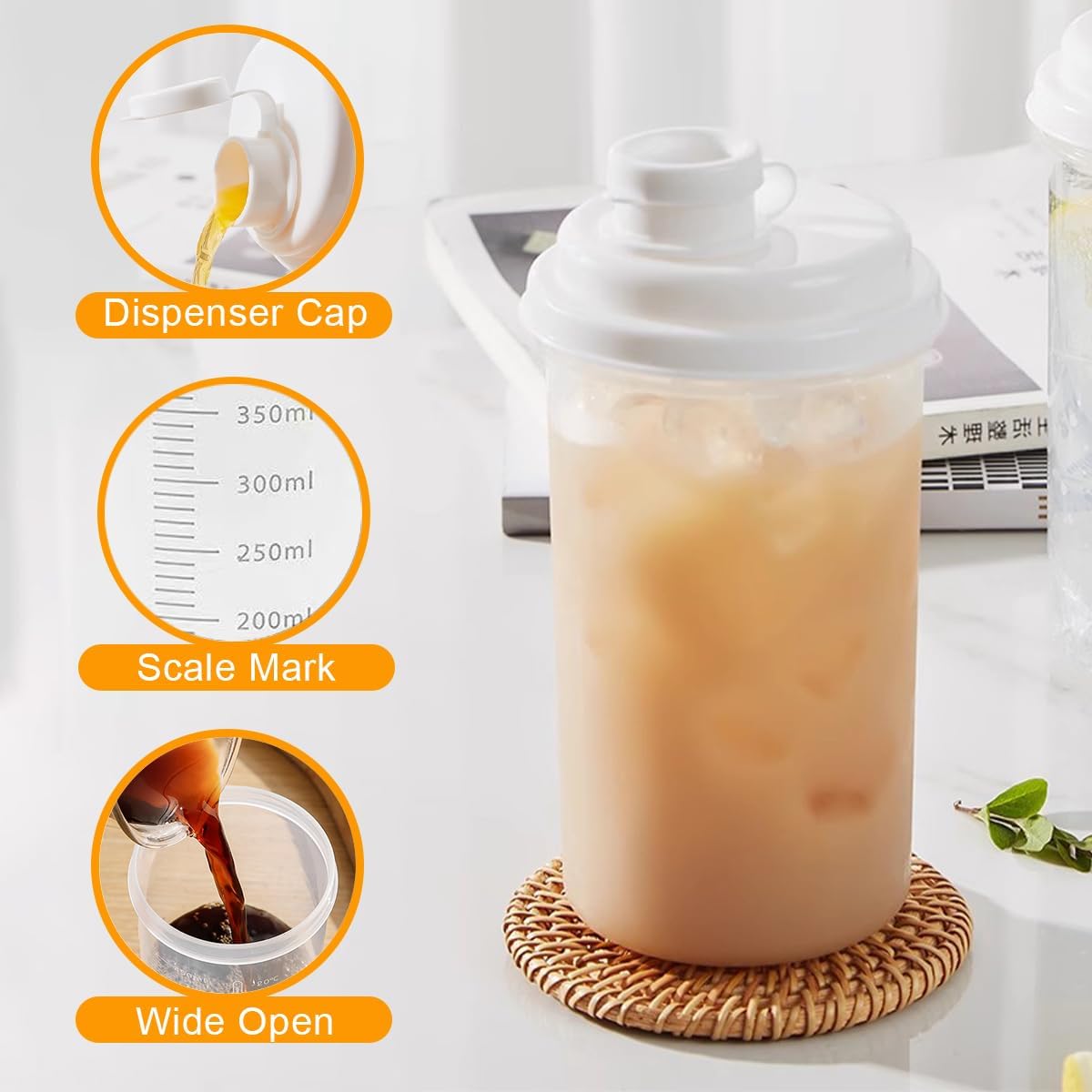 4 Pack Plastic Milk Bottle with Dispenser, 16.9 OZ Reusable Juice Bottle with Leakproof Lid & Scale, Milk Container for Refrigerator Pour Spout for Juice, Coffee, Iced Tea, Beverage
