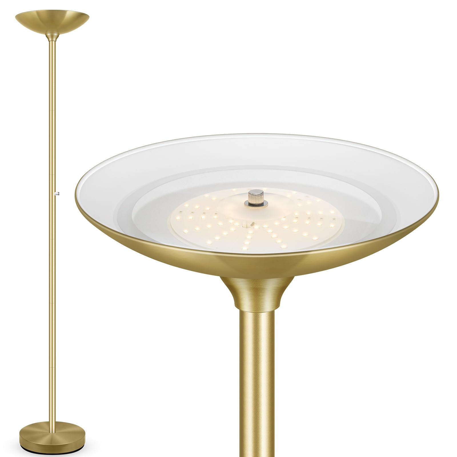 Photo 1 of 30W Torchiere Floor Lamp Gold, 3600LM Bright Stepless Dimmable Floor Lamp, 71 Inch LED Standing Lamp 3000K, Rotary Switch, I Inch Thick Pole, Tall Metal Torch Floor lamps for Living Room/Bedroom/Den
