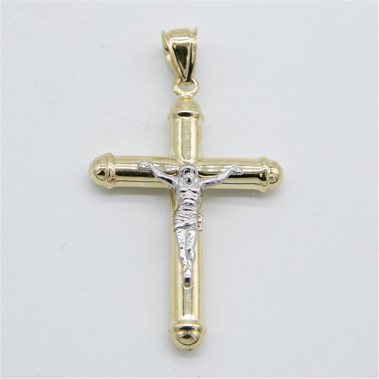 10K Gold 2" Jesus Crucifix Cross Tube Pendant Yellow White Gold