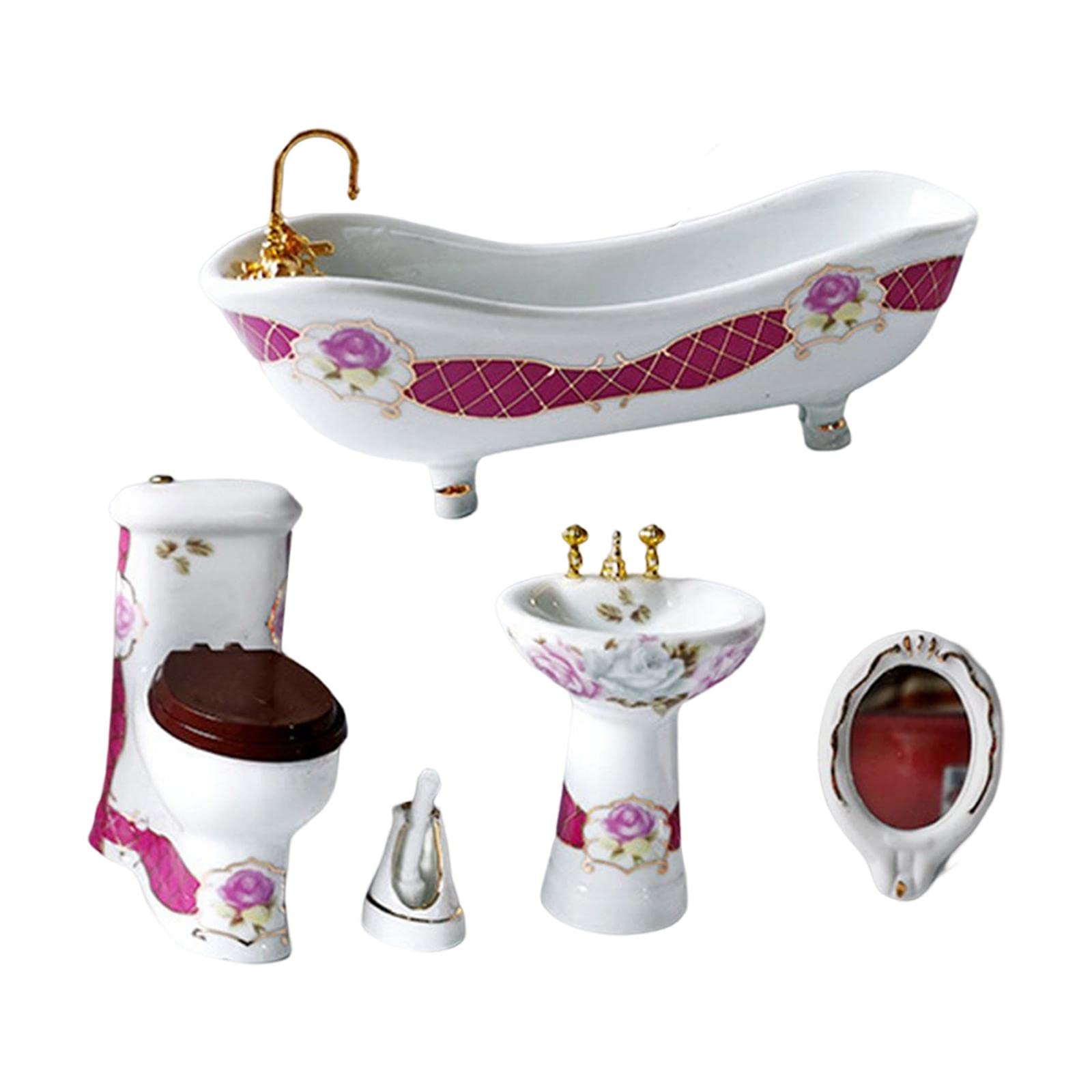 Oshhni 5 Pièces 1/12 Échelle Dollhouse Accessoires Ensemble de Salle de Bain DIY Scène Accessoires Miniature Lavabo pour Salle de Bains Toilette Toilette, blanc et rouge