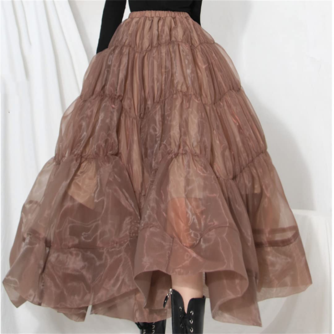 Gonne in Tulle a Vita Alta Primaverili per Donna Gonne Longuette Arricciate Marroni Gonne in Pizzo con Stampa Floreale Brown XL