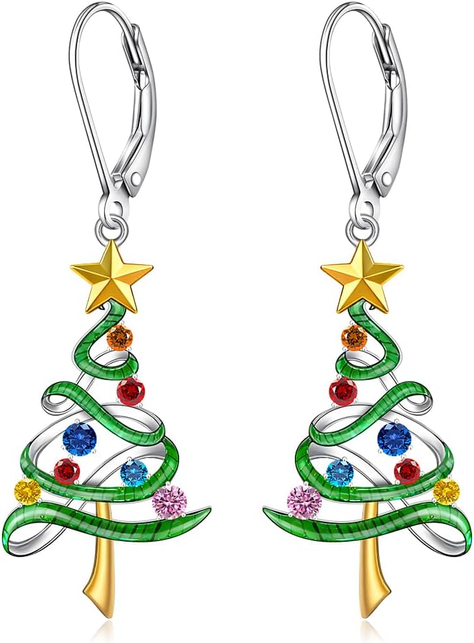 Women’s Christmas Earrings Christmas Tree Earrings S925 Sterling Silver Dangle Drop Leverback Holiday X Mas Jewelry