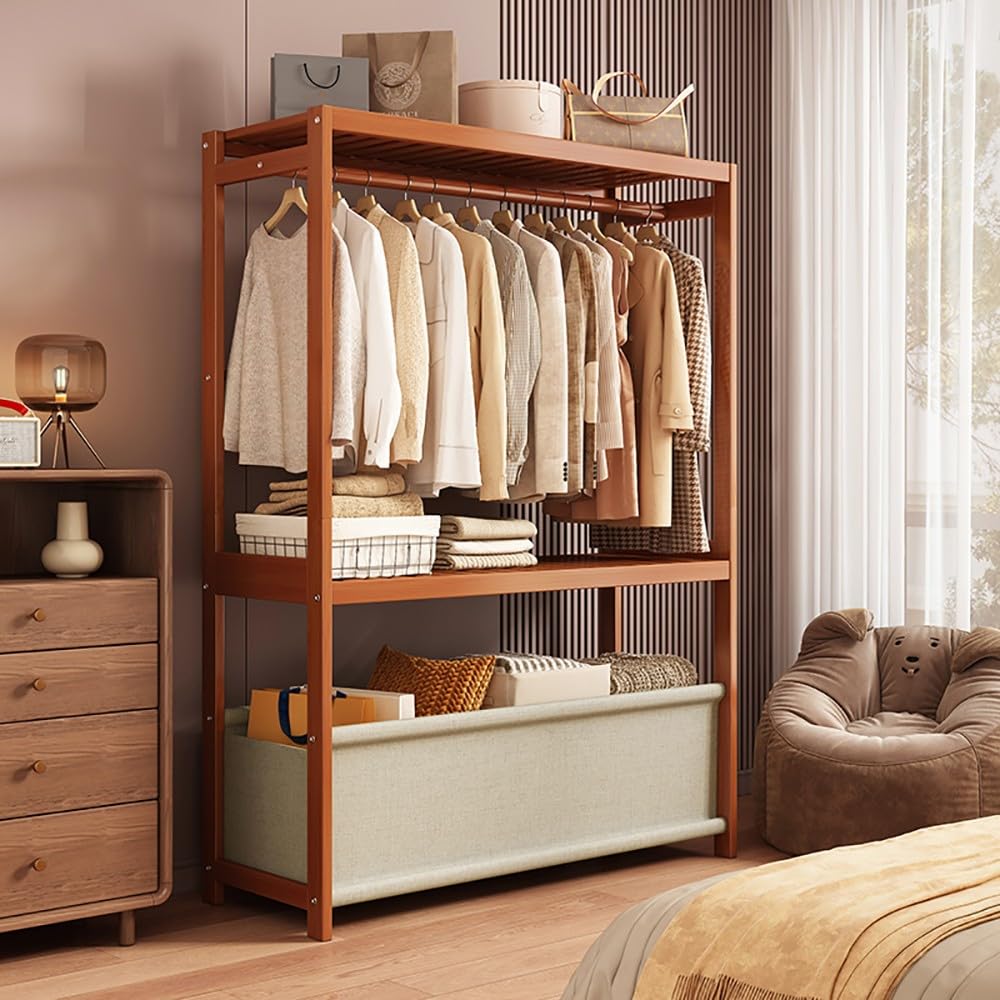 Multifunktionaler Kleiderständer aus Holz, stabil, freistehend, Hanr mit Regalen und Stofftaschen für Schlafzimmer, Eingangsbereich, Garderobenständer, Nizer, vielseitige Garderobe