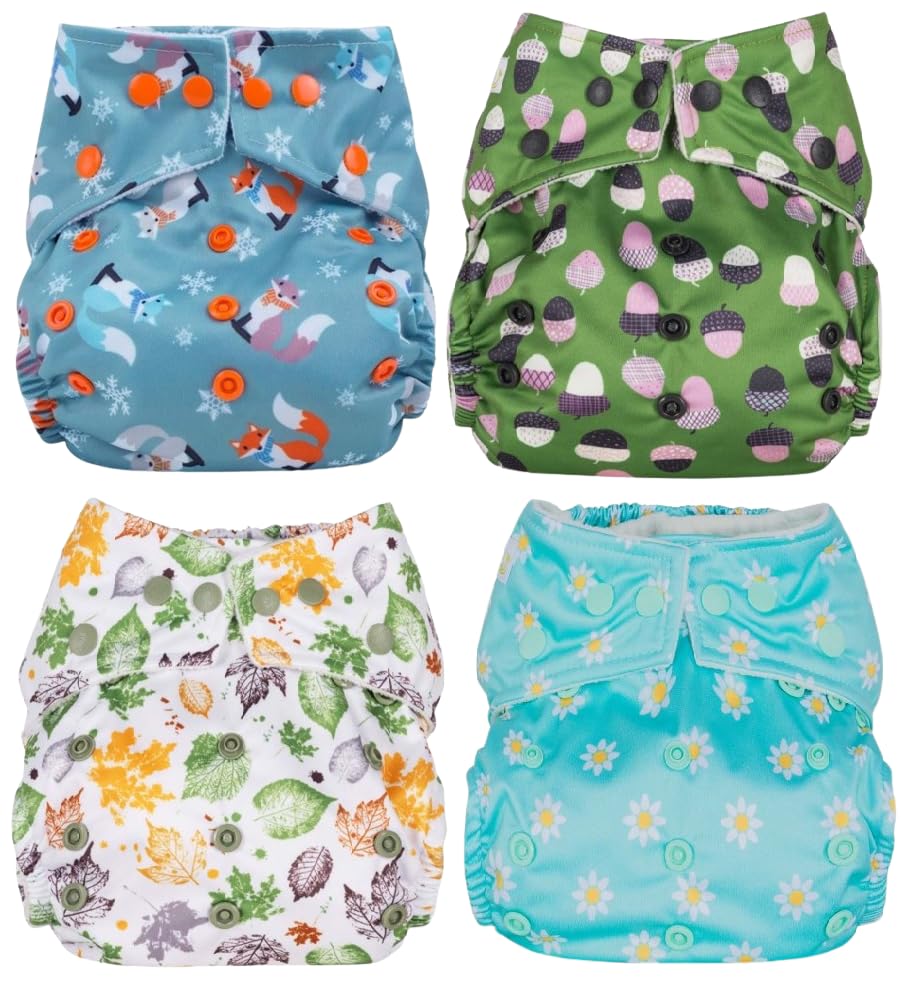 4 Pack Reusable Pocket Nappies with 8 Bamboo Inserts, Washable Cloth Diapers Adjustable Closure, Press Stud Popper, Mixed Designs. Highly Absorbent Award Winning Nappies. (Mixed)