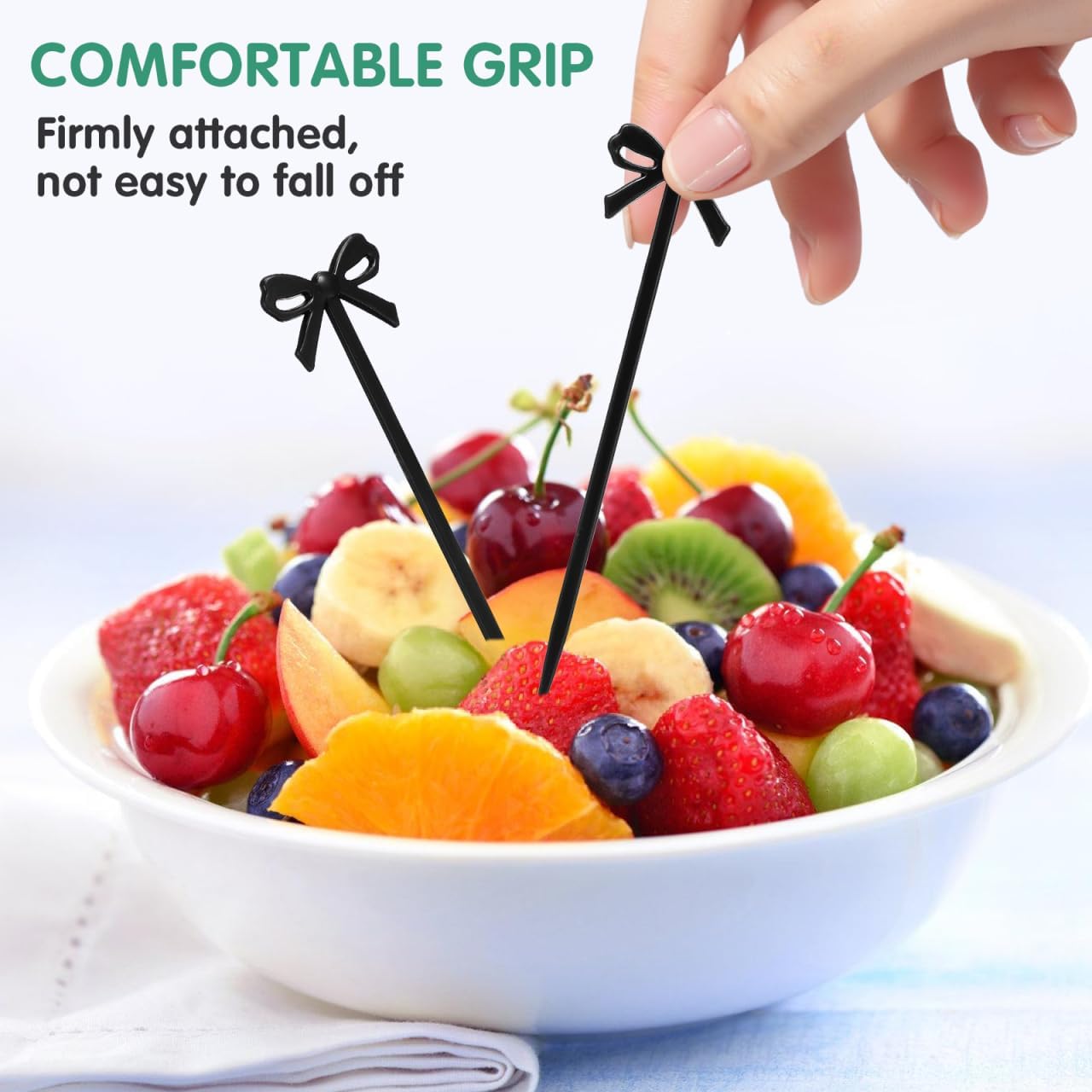 DOITOOL 90 Pcs Black Bow Cocktail Picks, Fruit Toothpicks Party Fruit Picks, Fruit Fork Toothpicks for Appetizers, Decorative Food Sticks Dessert Picks Cupcake Topper Decors