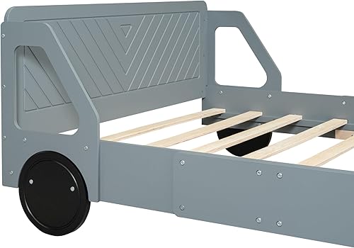 Miniatura 17 de Cama de plataforma en forma de auto de carreras con ruedas, cama de plataforma de madera tamaño individual con barandilla, cama de plataforma para