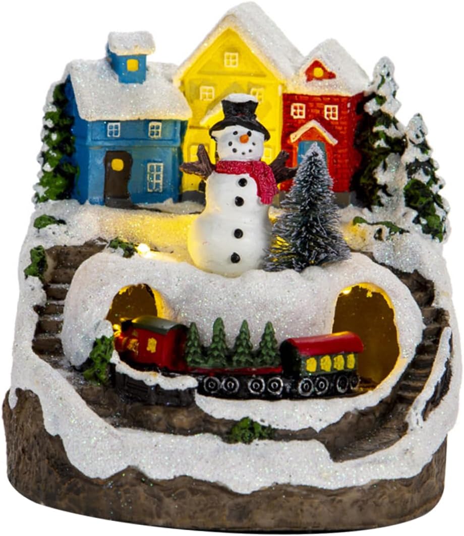 GLEAVI 1pc Christmas Lighted House Music and Train Resin Snow Village Decoration for Holiday Tabletop Display for Spreading Christmas Spirit and Festive Cheer