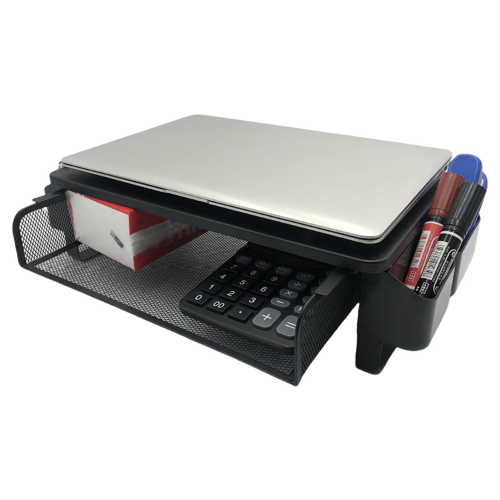 Supporto per schermo con cassetto di ventilazione, portapenne, supporto per laptop in metallo con organizer da scrivania laterale per stampante portatile