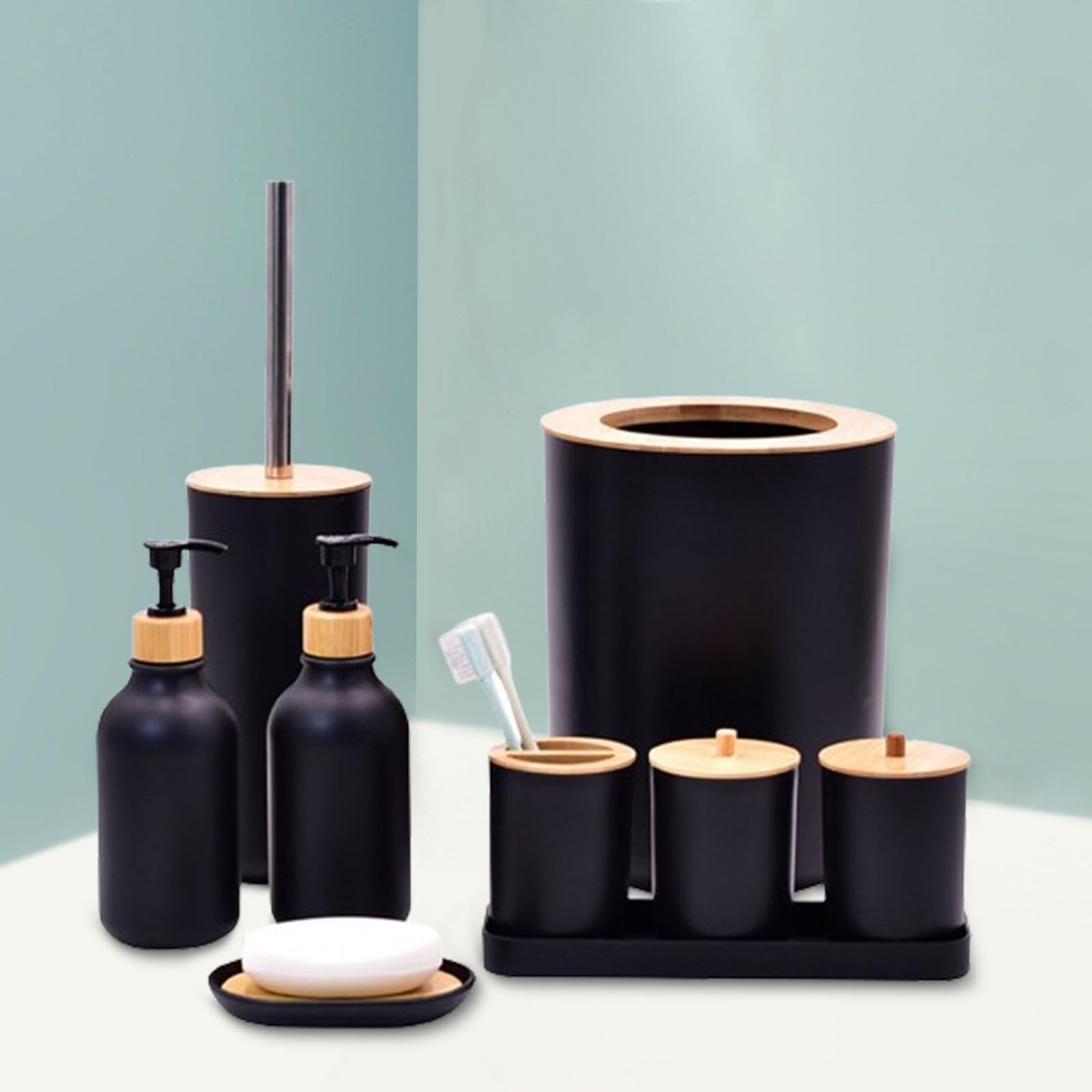 11 Piezas Dispensador de Jabón Set de Accesorios para Baño con Contenedor para Bastoncillos Jabonera Porta Cepillos de Dientes Y Cubeta Adecuado para, Negro, Individual