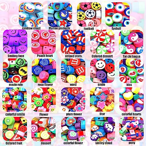Natonhi 480 Pcs Polymer Clay Beads For Jewelry Bracelet Making Kit 24 Styles Preppy Beads Diy Arts And Crafts Kit Include Flower Smiley Face Bead Charms,Gifts For Girls Age 6-12 #TOP1