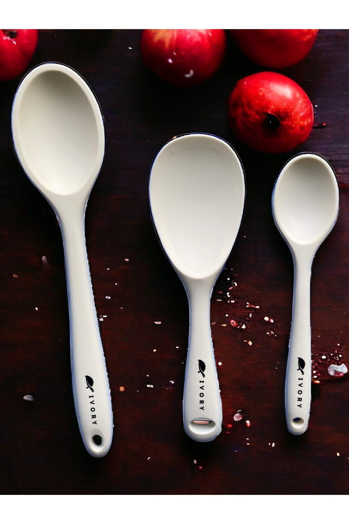 Multiamo Sert Uçlu Isıya Dayanıklı Silikon Kaşık Seti, 28 cm-22 cm-20 cm, Krem