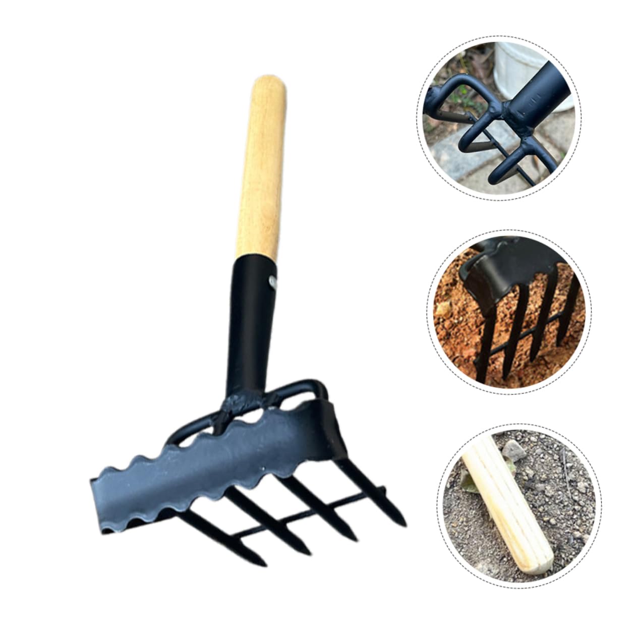 GANAZONO Rastrello da Giardino Mano per Smuovere Terreno Piccolo Rastrello in Portatile per Giardinaggio Manico in Legno