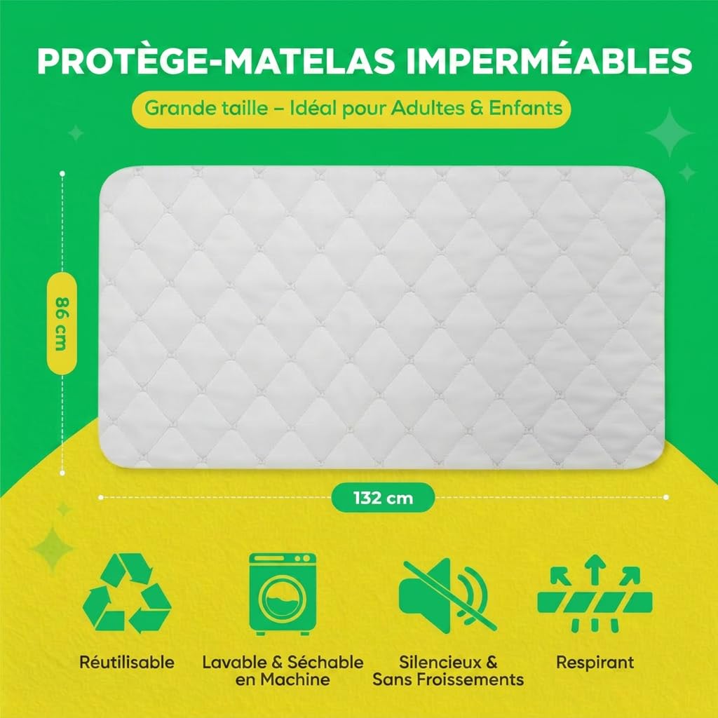 Lot de 2 alèses lavables et imperméables | Surmatelas imperméable antidérapant, lavable en machine jusqu'à 300 fois, 132,1 x 86,4 cm