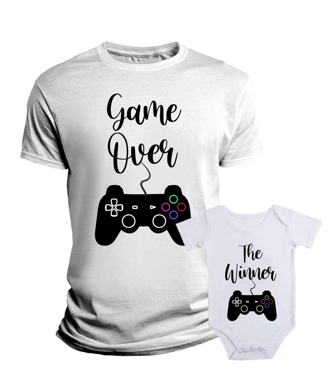 Coppia T-Shirt e Body Neonato per Uso Quotidiano Diurno Divertente Padre Figlio Gamer Game Over Winner Maglietta papà