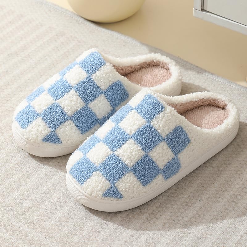 House Slippers for Women Men, Plush Warm Fuzzy Slippers, Cozy Memory Foam Checkered Slippers, Bedroom Indoor Outdoor Slip on Plaid Shoes with Fur2