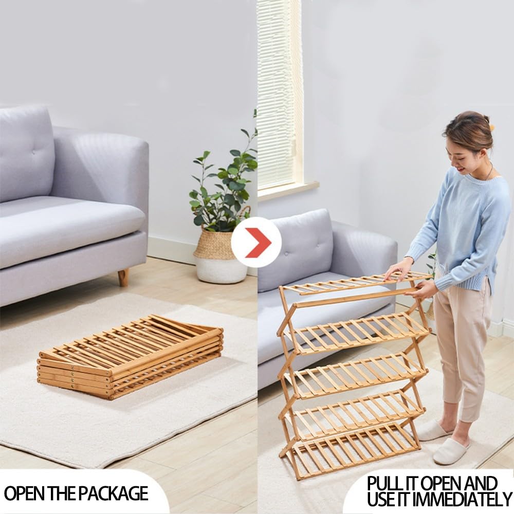 Bambus Schuhregal Organizer 4 Ebenen,Faltbares Schuhregal,Schuhorganizer Offenes Regal Klappbar,Freistehendes Schuhregal,FüR Schrank Eingang Badezimmer Wohnzimmer Camping