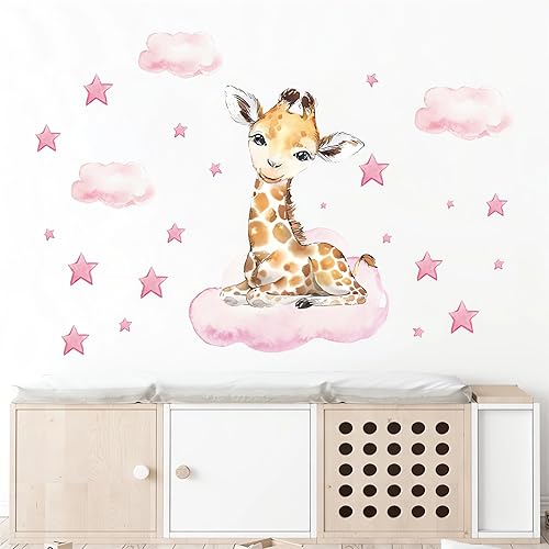 Miniatura 3 de Calcomanías de pared con diseño de jirafa rosa, diseño de luna y estrellas de sacinora para decoración de pared, vinilo extraíble para niños, bebés,