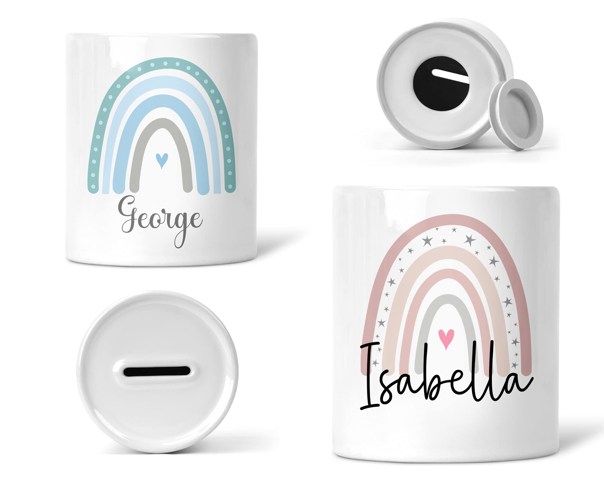 Personalised Rainbow Money Box – Custom Name Ceramic Savings Jar for Teens (14+) & Adults – Decorative Coin Bank – Pink or Blue – Stylish Home & Desk Gift